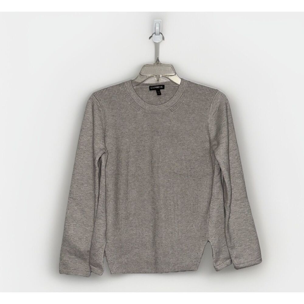 Express Wool Blend Sweater Crewneck Fitted Grey Cutout Ribbed Knit Y2K‎ Large